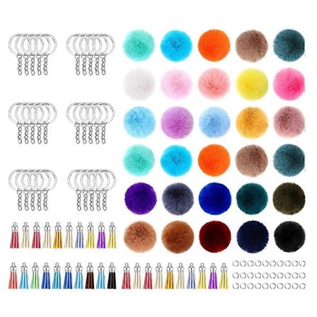 Pompom-avaimenperäsetti sisältää 30 tekoturkispompom-palloa, 30 tupsua ja 30 avaimenperää avaimenperälaukun viehätyskoristeisiin