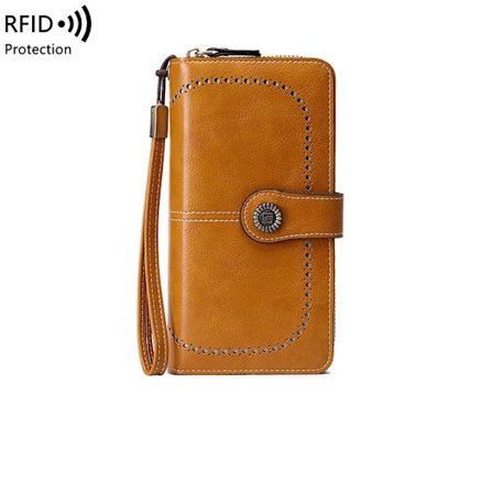 Naisten lompakko aito nahka, suuri kapasiteetti, ranneke, kytkin, käsilaukku, luottokorttipidike RFID-suojauksella - Antikki keltainen