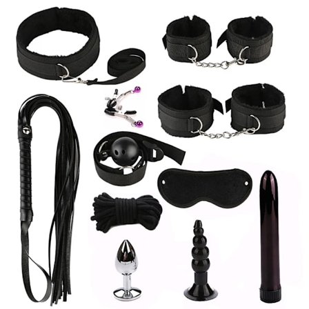 SM Erotisk Trening Bundet Sex Bondage Sett 8-11 Deler Sexleketøy Lær Pisk Håndjern Metall Hale Anal Plugg Vibrator Voksenleker