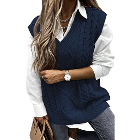 Dame V-hals kabelstrikket genser vest ensfarget oversized genser casual ermeløs genser topp