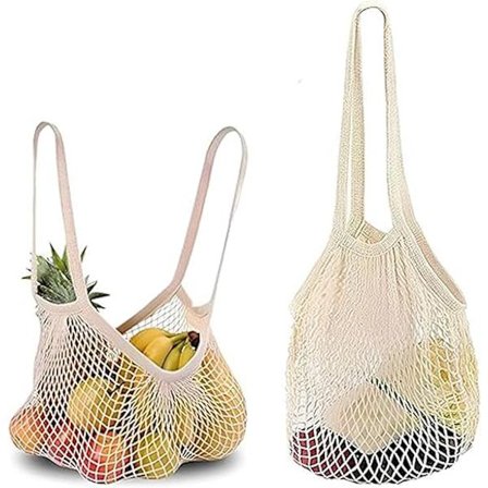 2 st. matkasse i nät, nätkasse, fruktkassar i nät, återanvändbara shoppingkassar i nät, beige