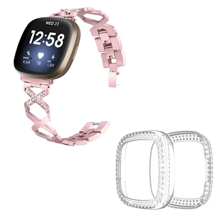 Fitbit Sense / Versa 3 X-formad med strassdekorerat klockarmband med transparent hölje - Rosa Ros