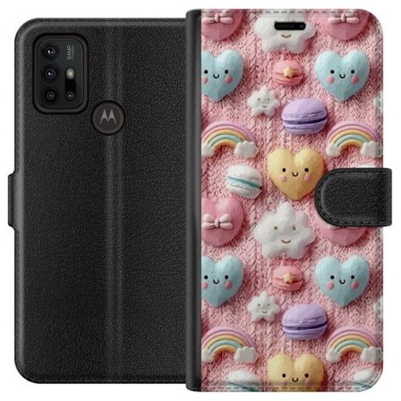 Kompatibelt Lommeboketui til Motorola Moto G30 Pastellmotiv med hjerter, skyer, regnbuer og makroner mot rosa bakgrunn i en søt drømmende stil.