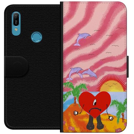 Kompatibel Tegnebogsetui til Huawei Y6 (2019) Bad Bunny i en farverig quiltet jakke med hjertemønster og solbriller i moderne gade stil