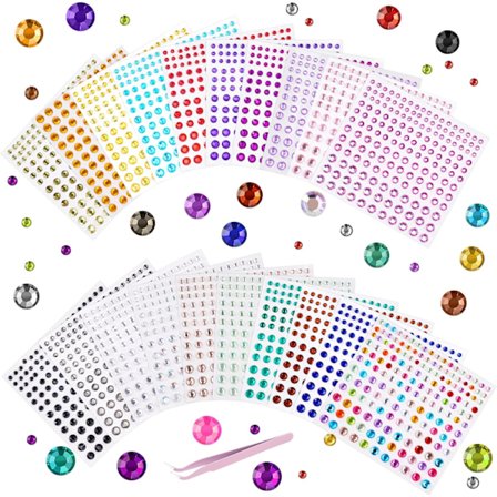 Strassklistermærker, selvklæbende, 3 300 stk, ædelsten, 20 ark, juveler, krystal strass, klistermærker, 2/3/4/5/6 mm