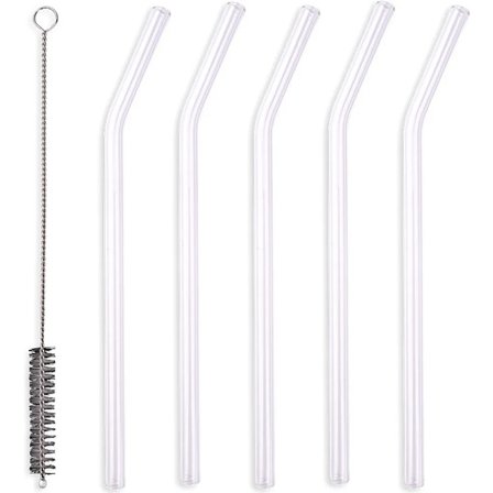 5-delat set med böjda sugrör i glas, transparenta, med rengöringsborste, återanvändbara sugrör, glashalmar