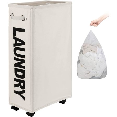 Suurennettu kapea pyykkikori irrotettavalla pyykkipussilla pyörillä, kokoontaitettava pyörivä pyykkikori, kokoontaitettava kapea kulma vaatteiden 