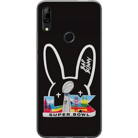 Yhteensopiva Puhelinkuori Huawei P Smart Z Bad Bunny muotokuvassa avoimella paidalla, tatuoinneilla ja kiharaisilla hiuksilla tyylikkäässä muotikuvauk