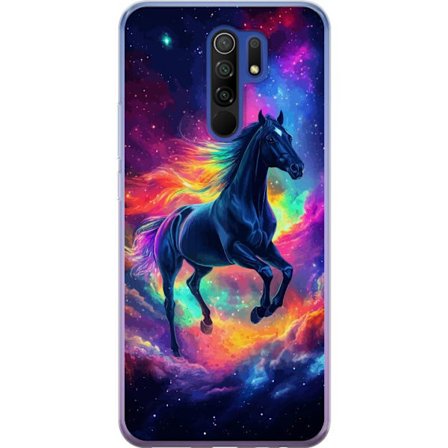 Kompatibelt Mobilskal till Xiaomi Redmi 9 Färgstark galaxhäst med regnbågsmane i rymdmiljö, magisk fantasyillustration för barnrum, posters och m