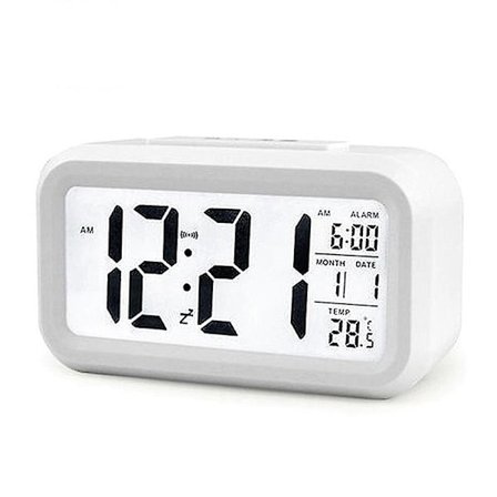 (Valkoinen) Digitaalinen pöytäkello paristokäyttöinen neliö LCD-näyttö taustavalo kalenteri 1 kpl