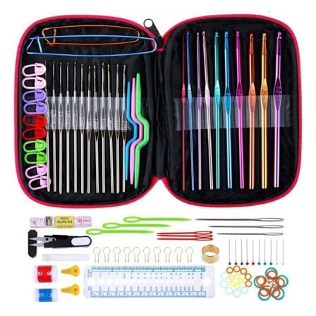 Komplet hæklekit med hæklenåle, markører og målebånd