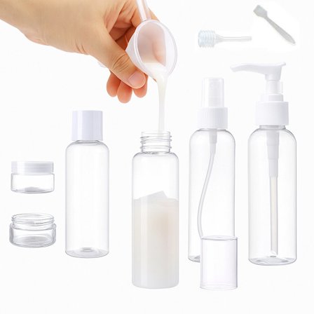 Luksuriøst 9-delt Rejse Kosmetik Sæt – Klare BPA-frie Flasker & Krukker – Silikone Rejseflasker til Væsker & Cremer – Ideel til Flyrejser og Ferier