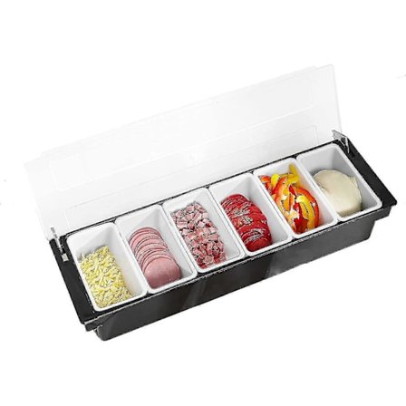 6-rums Pizza Topping Station - Aftagelige Bakker - Plast - Tilbehørsdispenser - Genanvendelig