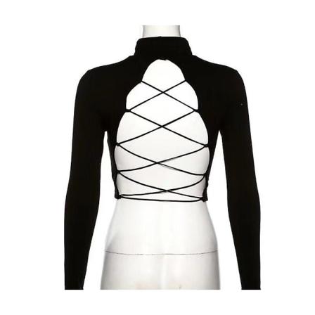 Girl Fashion Cross Snörning Rygglös Crop Top Sexig Silm Fit Party T-shirt