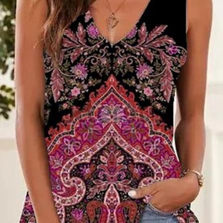 Damväst Bohemian Print Tank Top Ärmlös V-hals