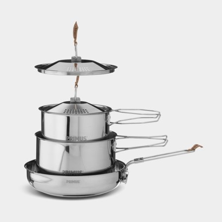 Set de casseroles Primus CampFire Cookset Stainless Steel Small, avec 2 casseroles (1 & 1.8 litre) + 2 couvercles avec passoire intégrée + 1 poêle à 