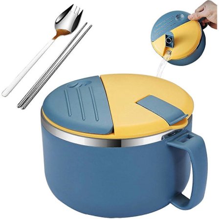 Instant Ramen Bolle med Lokk: Pasta Bolle i Rustfritt Stål, 1300ml, Instant Pasta Bolle med Sammenleggbar Skje og Spisepinner, Bærbar, Lekkasjesikker 