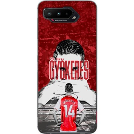 Yhteensopiva Puhelinkuori Asus ROG Phone 5 Punainen dramaattinen kollaasikuva, jossa esiintyy Viktor Gyökeresin muotokuva ja pelaajia takaapäin areena