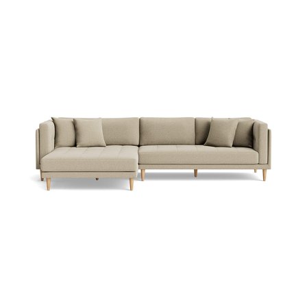 Cali Chaiselong Sofa, Venstrevendt - Nordic Mørk Beige - 295x170x76cm - Bred Chaiselong Sofa m. Bøgetræsben & 4 Pyntepuder - Plads til 2 Voks