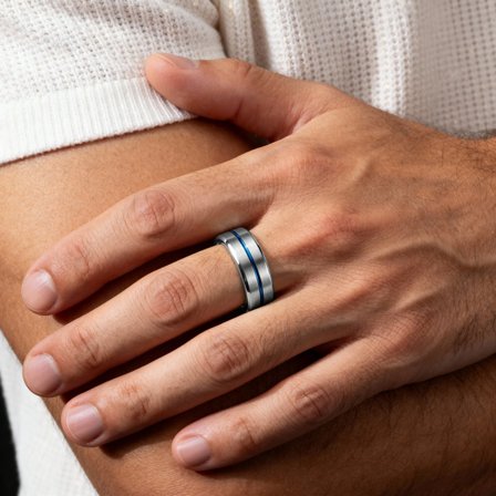 Terra | 8 mm Blauw Gegroefde Zilverkleurige Wolfraam Ring voor mannen - Stalen ringen