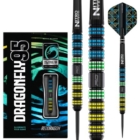 Red Dragon Darts Dragonfly 95% Tungsten Steel Tip Darts 22g/24g/26g - Black/Blue/Green Parallel Flights Professional Hardcore Match Weighted