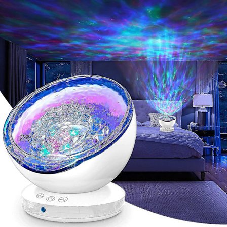 LED-projektorlampe, nattlys for barn med havbølger, fjernkontroll, timer, 8 fargemoduser, 6 musikklyder