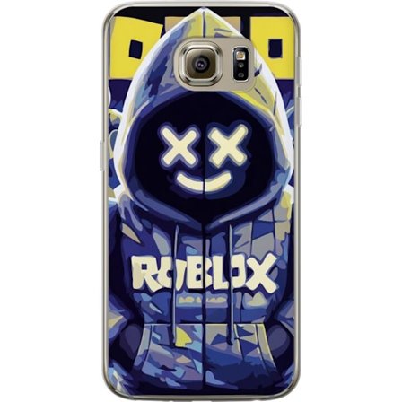 Kompatibelt Mobildeksel til Samsung Samsung Galaxy S6 Blågul Roblox hettegenserfigur med minimalistisk neonstil og masket ansikt, moderne spillillust