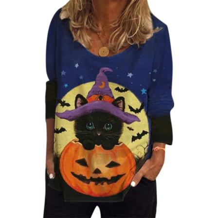 Halloween Dam Pumpa Långärmad V-ringad T-shirt Dam Casual