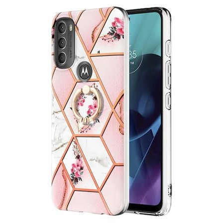 Marble Mønstret Cover med Ring Holder til Motorola Moto G71 5G - Lyserøde Blomster
