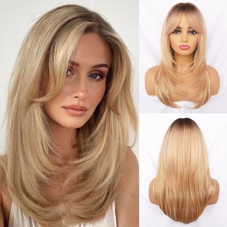 Pitkä, vaalea, tuuhea naisten peruukki pitkällä otsatukalla