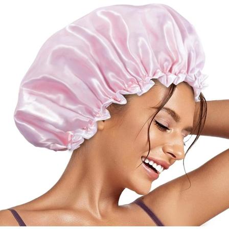 Genanvendelig brusekappe til kvinder, dobbeltlags vandtæt hårkappe, stor størrelse til alle hårlængder, til piger spa hjem salon brug (Pink Cloud)