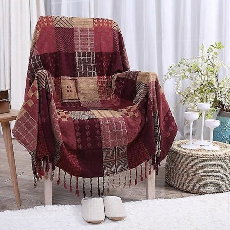 Chenille Vevd Teppe, Dobbeltsidig Lappeteppe Sengeteppe med Frynser, Bohemsk Sengeteppe, 220x260cm, Rød, Elegant og Mykt for TV, Sofa, Lenestol, Seng