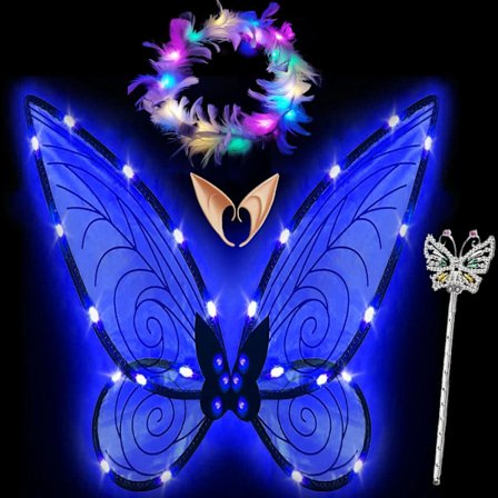 Glimmande älvvingar för vuxna, LED-diadem och trollstavar för fest med älvtema