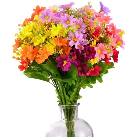 Kunstige falske silkeblomster med prestekrager, villblomster, 6 bunter med 6 farger, UV-bestandige grønne busker, planter for innendørs og utendørs 