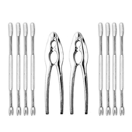 10-delt sett med sjømatverktøy, inkludert 2 hummer- og krabbeknekker og 8 gafler