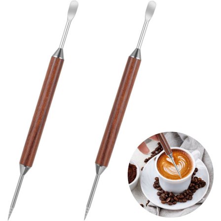 2-delat set med latte art-pennor, kafferitningsverktyg i rostfritt stål med trähandtag, barista-tillbehör