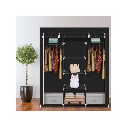 69" Portabel Klädgarderob i Non-Woven Tyg, Dubbel Stång, Förvaringsorganisatör, Svart