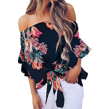 Kvinnors randiga off the shoulder toppar 3/4 klocka ärm slips knut casual blus