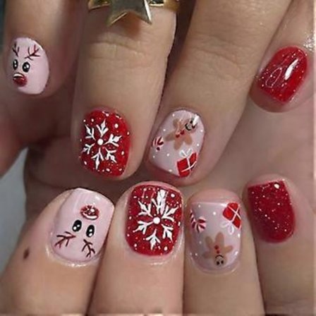 Christmas Press On Negler Pepperkakemann Kunstige Negler Reinsdyr Full Dekning Lim Negler Snøfnugg Kunstige Negler