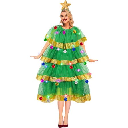 Juletræskostume - L Størrelse Grøn Tylkjole med Stjerne Pandebånd, LED-lys & Ornamenter, Festligt Party Outfit