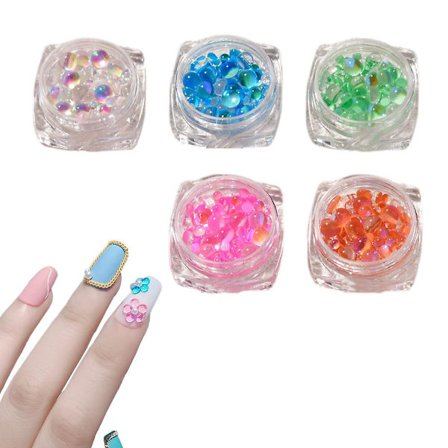 5 lådor Crystal Mermaid Nail Rhinestones Kaviar Rund Pärla Flatback Nail Art Rhinestones Aurora Rund Pärlor Nail Crystal Diamanter Med Förvaringslåda