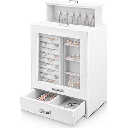 Smyckeskrin med 3 lådor, Smyckeskrin med glasfönster, för halsband, ringar, armband, örhängen, Vit