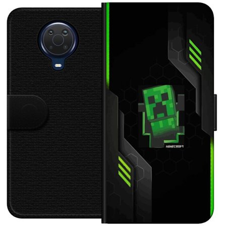 Kompatibelt Plånboksfodral till Nokia Nokia G20 Grön pixelbaserad creeperliknande spelillustration med futuriska neoninslag och mörk techbakgrund p