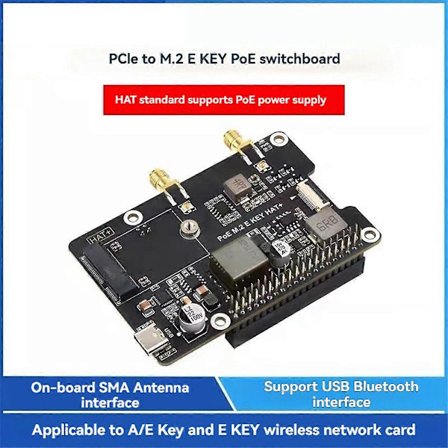 Waveshare for Raspberry Pi 5 PCIe til M.2 E KEY med PoE HAT+ Støtter NGFF Trådløst Nettverkskort/Blu
