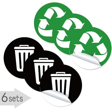 Selvklebende resirkulerings- og søppelklistremerker, runde logo-skilt resirkuleringsklistremerke, 5in X 5in, 6-pakninger