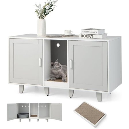 COSTWAY kattetoilethus, 2 døre, aftageligt skrabebræt, kattebakkemøbler, grå og hvid