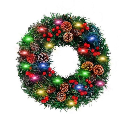 Kunstig julekrans med kongler, røde bær og LED-lys, dekorativ krans til ytterdør, vegg, bondegårdsdekor, utendørs og innendørs festutstyr