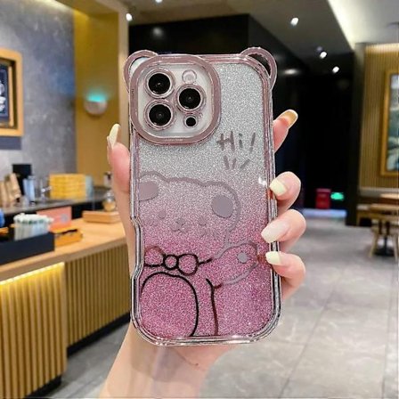 For iPhone 16 Pro Max Case Cute Teddy Electroplating TPU Phone Cover with Gradient Glitter Paper