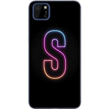 Yhteensopiva Puhelinkuori Huawei Huawei Y5p Neonkirjain S kirkkaissa pinkissä ja sinisissä sävyissä tummaa taustaa vasten, siisti kirjaintaide ret