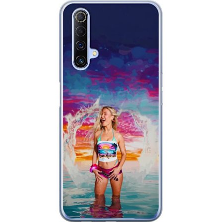 Kompatibel Mobilcover til Realme X50 5G Blond kvinde i farverigt strandtøj, der leger i havet ved solnedgang